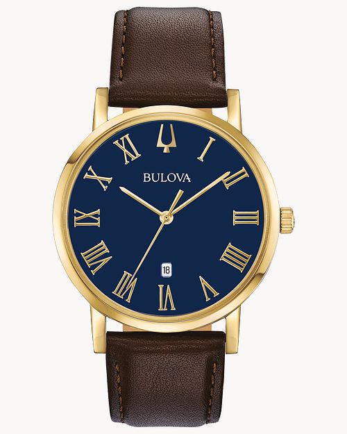 Bulova American Clipper Gold Blue Dial Classic Leather Watch Bulova